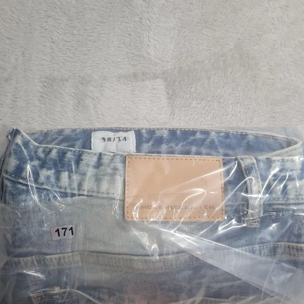 Smoke Rise Jeans Mens 38x34 Blue Light Wash Distressed Ripped Tapered Denim